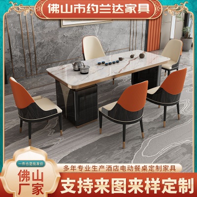 现代轻奢新款酒店电动餐桌 大理石桌五金装饰自动旋转岩板大圆桌